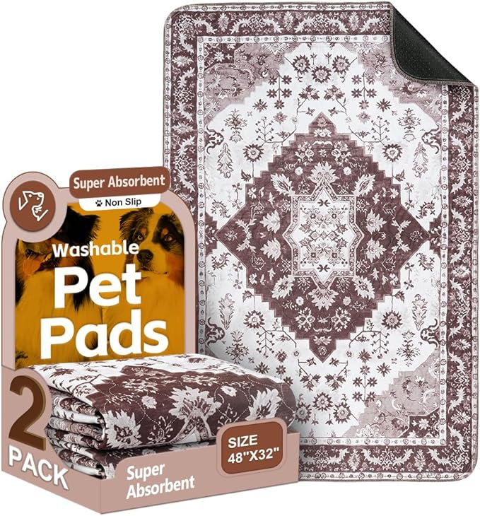 Washable Pee Pads for Dogs, 2 Pack Reusable Puppy Training Pads 48"x32" Super Absorbent Waterproof Dog Training Pads, Non-Slip Potty Pads, Whelping Pads Litter Mat Light Brown Medallion