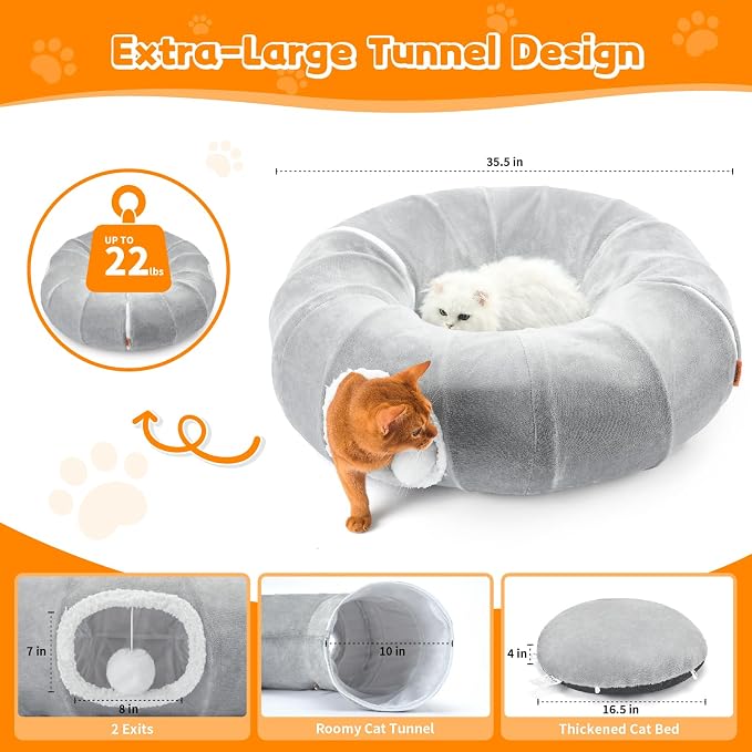 Cat Tunnel Bed for Indoor Cats 35.5 Inch XL Cat Donut Tunnels Grey | 2 in 1 Cat Tunnels for Indoor Cats Kitten Puppy Rabbit Pet Tunnel Toy with Washable Cushion Bed Grey