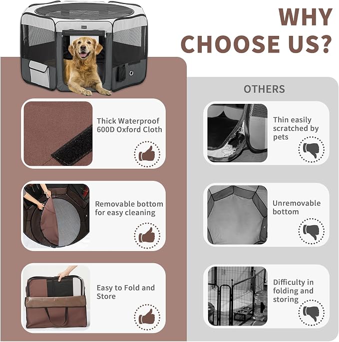Dog Playpen Portable Pet Play Pens for Small Dog/Cat/Rabbit/Chicks, Cat Playpen Indoor/Outdoor with Carring Case, Removable Zipper Top and Bottom (Gray, Extra Large (55"x55"x30"), 8)