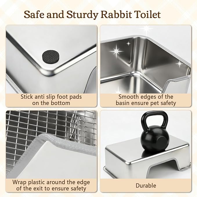Rypet Large Rabbit Litter Box, Bunny Litter Box High Side with 304 Stainless Steel Sifting Tray, Metal Small Animal Litter Pan with Pet Food Bowl and Water Bottle, Non-Slip Easy to Clean Odor Control