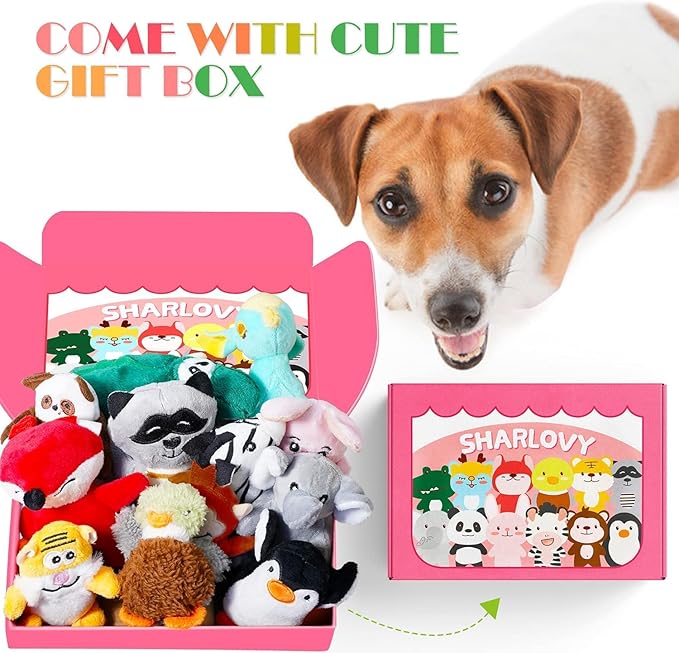 SHARLOVY Jouets couineurs pour petits chiens, jouets en peluche pour chiots, jouets à mâcher mignons pour la dentition des chiots, pour chiens de petite à moyenne taille, lot de 12 jouets doux en peluche pour animaux de compagnie dans une boîte cadeau