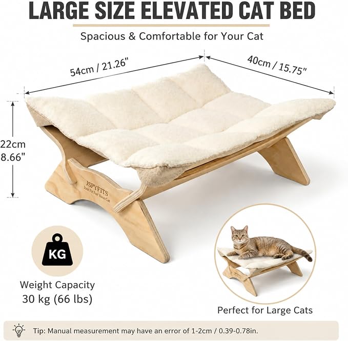 JSPYFITS Elevated Cat Bed Hammock, Raised Cat Bed with Dual-Sided Plush & Linen Cushion, Machine Washable & Breathable Cover Tool Free Easy Assembly, up to 66Lbs (White)