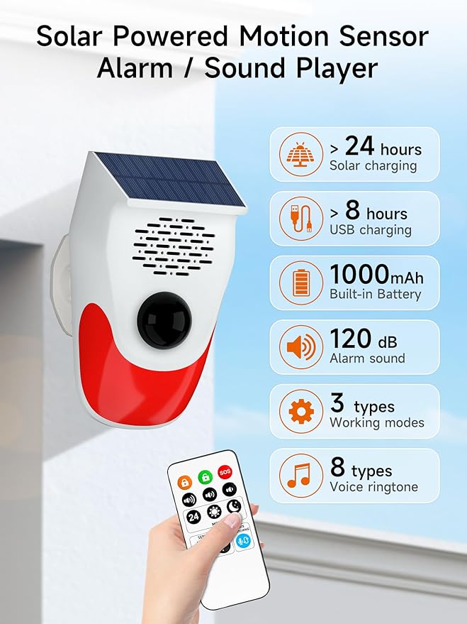 Solar Motion Sensor Alarm with Custom Voice Upload - 120dB Loud Noise Maker & Strobe Lights, Remote Control, IP65 Waterproof for Deer/Bear Deterrent, Chicken Coop Security, Pool Safety Alerts