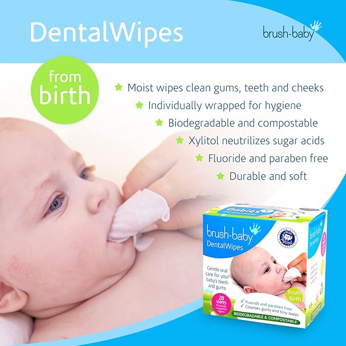 Brush Baby Teething Relief Dental Wipes for Ages 0-Toddler - Naturally Eliminate Teething Pain, Prevent Tooth Decay and Sour Milk Breath - 28 Finger Wipes (2-Pack)