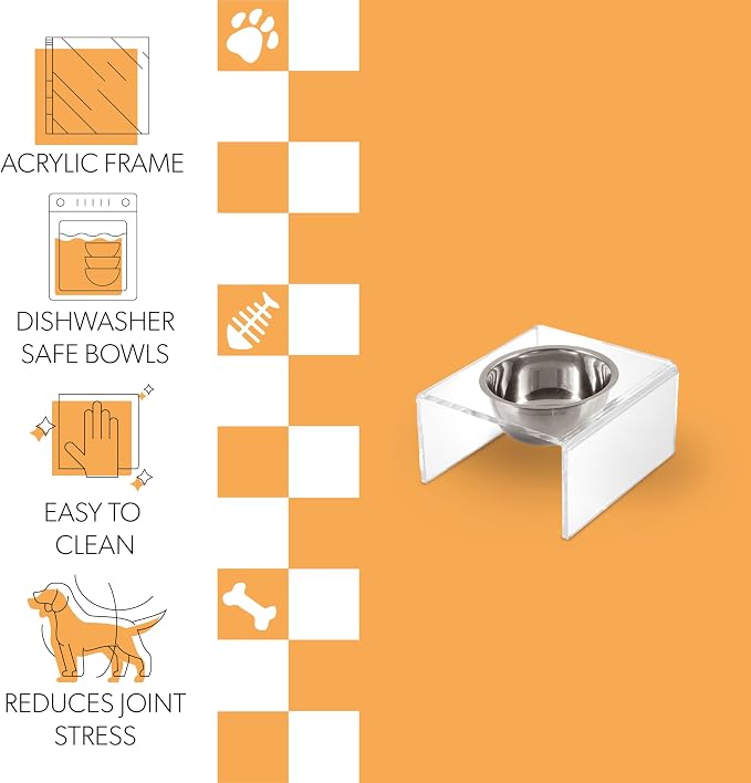 DBL2002A Keaton 5" Small/Medium Modern Acrylic Rectangular Elevated Pet Feeder with 20oz 1-Stainless Steel Bowl, Clear/Chrome