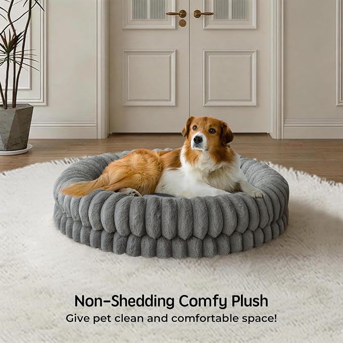 BALANCE Luxury Donut Dog Bed, 36 Inches Round Dog Beds Large Sized Dogs Washable, Orthopedic Calming Dogs Bed for Pets with Anti-Slip Bottom, Gray