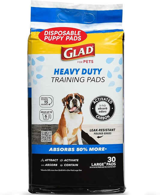 Glad for Pets XL Heavy Duty Activated Carbon Puppy Essentials Training Pads - Zero Odor, Ultra Absorbent Pads for Puppy Potty Training, Indoor Dog Potty, Pee Pads for Dogs, 24" x 24", 30 Count