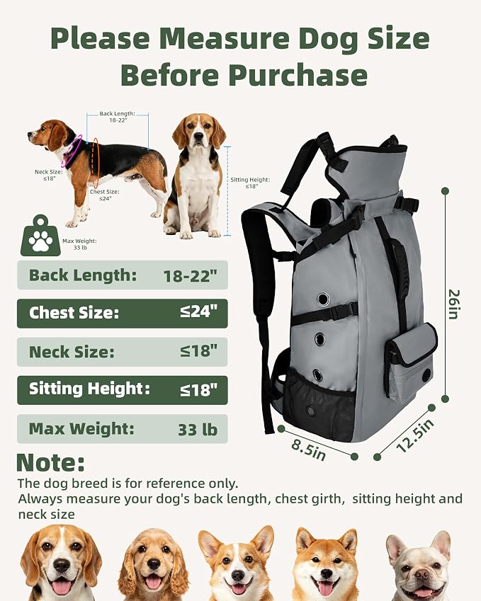 Breathable Dog Hiking Backpack Carrier for Medium Dogs, Grey | 4-Layer Protection, Adjustable Dog Backpack with Storage Pockets, Reflective Strips, 3D Ergonomic Support, Under 33 lb