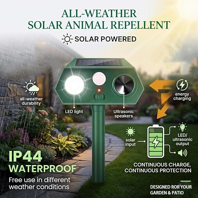 2026 Upgraded Solar Ultrasonic Animal Repellent Outdoor,4Pack Waterproof Deer Repellent Devices with Motion Sensor for Yard,Cat Repellent with Red&Blue LED Flash Lights to Scare Rabbit (Plastic, 4)
