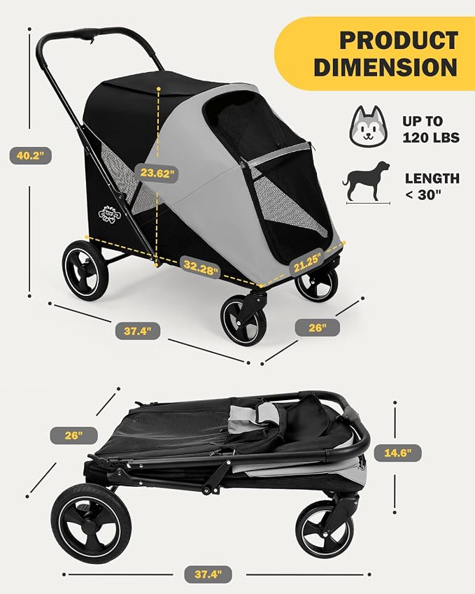 Dog Stroller for Large & Medium Dogs, 4 Wheels Pet Stroller for Large Dogs up to 120lbs, Extra Large Dog Stroller with Foldable Design, Sun Shades, Storage Pocket, Breathable Mesh