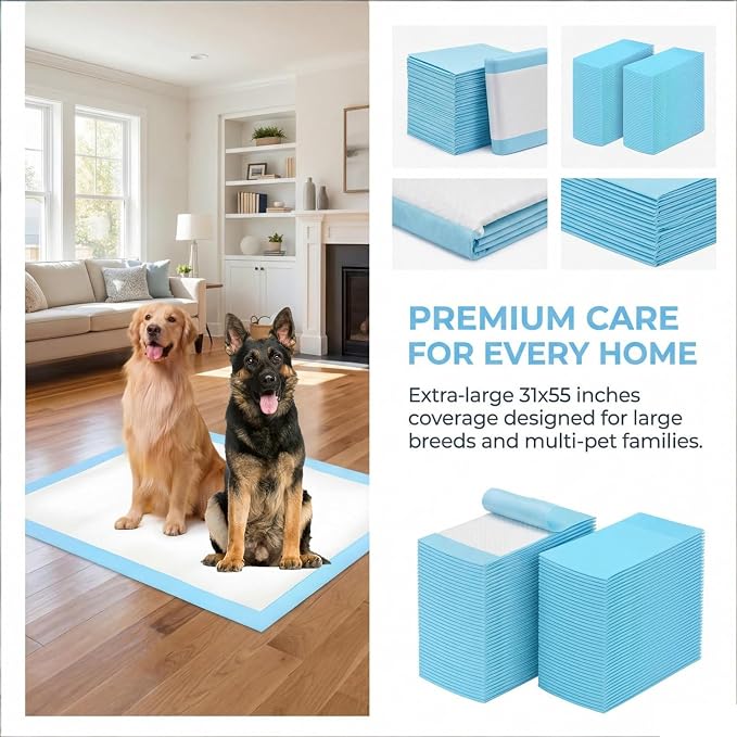 40 Count Extra Large Dog Pee Pads 31" x 55", 6-Layer Soft Highly Absorbent Puppy Pads, Quick Dry Odor Control Potty Pads for Large Dogs & Multi-Pet Families, Leak-Proof Dog Training Pads
