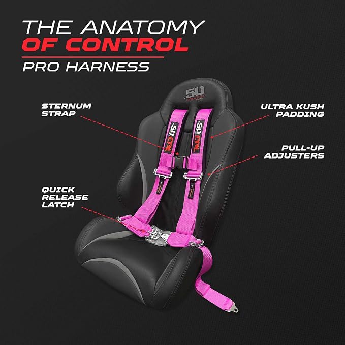 1pc 50 Cal Pink 4 Point Harness 2 inch straps, Racing Harness Seat Belt | Ultra Kush padding, Push Button quick release hardware. Universal Fit for UTV, RZR, race car