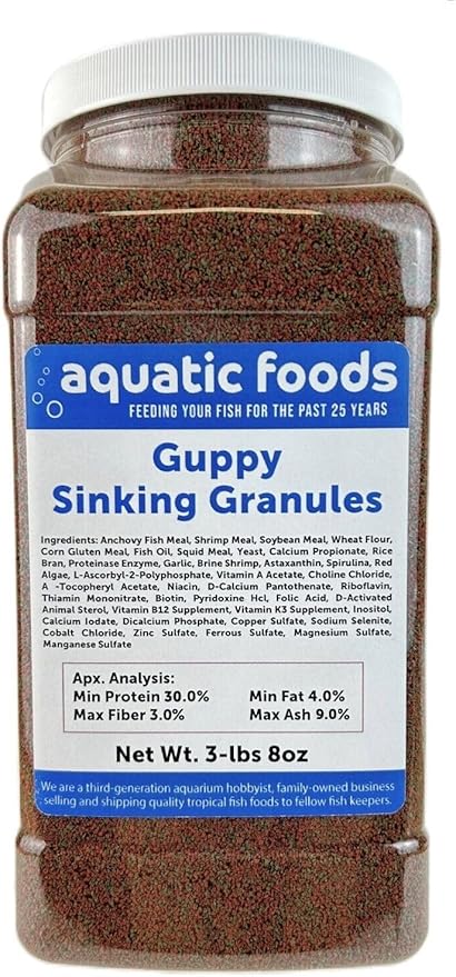 Aquatic Foods Inc. Guppy Micro Sinking Granules, Color Enhancing and Spirulina Mix for Guppies, Tetras, All Live Bearers, Baby Cichlids...WL 3-lbs 8oz Lg Jar