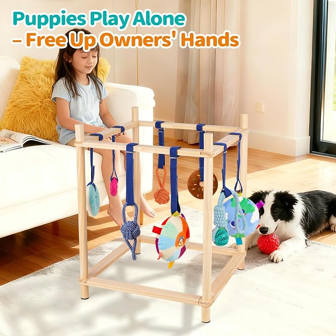 Wooden Puppy Play Gym for Small Dogs with 8 Hanging Toys | Wood Puppy Jungle Gym Indoor & Dog Enrichment Toys for Puppies 0-6 Months