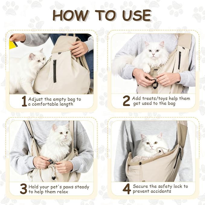 Dog Carrier Sling for Small Dogs/Cats Up to 15 lbs - Multi-Pocket Oxford Pet Sling Carrier Bag with Adjustable Strap (Beige)