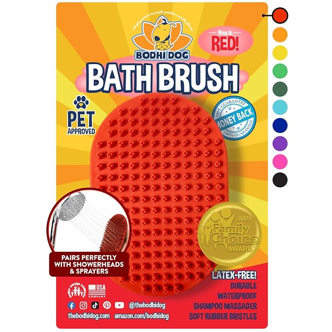 Bodhi Dog Shampoo Brush - Pet Grooming & Bath Supplies for Dogs and Cats - Bath Brush for Long & Short Hair - Premium Scrubber for Shower, Showerhead, Sprayer & Bathing (One Pack, Red)