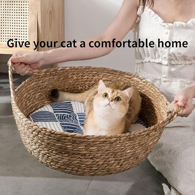 Cat Bed, Straw Woven Cat Baskets Bed, Round Wicker Cat Basket Nest, Non-Slip Cozy Kitten Bed for Cats Small Dog (with Cushion,Large)