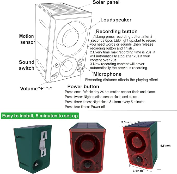 Solar Outdoor Motion Sensor Alarm - Dog Barking & Gunshot Sound 130db Motion Detector Alarm Light,with Remote Controller for Home, Villa,Yard,Chicken coop,Farm,Barn