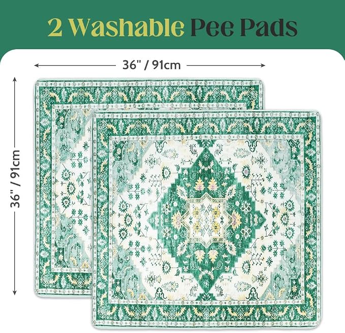 Washable Pee Pads for Dogs, 2 Pack Reusable Puppy Training Pads 36"x36" Super Absorbent Waterproof Dog Training Pads, Non-Slip Potty Pads, Whelping Pads Litter Mat Green Medallion