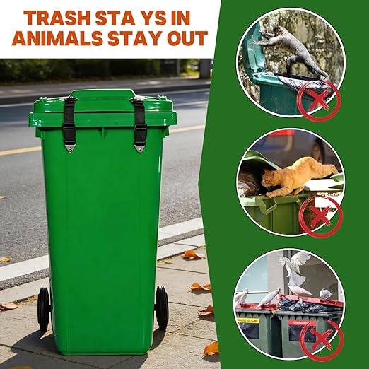 2 PCS Adjustable Dual-Claw Trash Can Lock Strap - Bear/Raccoon/Dog Proof, Anti-Rust Metal Buckle, One-Hand Release (Deep Black)
