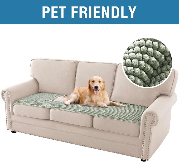 H.VERSAILTEX Plush Chenille Couch Cover for 3 Cushion Couch Anti Slip Washable Sofa Slipcovers Soft and Durable Furniture Protector for Dogs Cats Kids (27.5" x 82", Sea Foam)