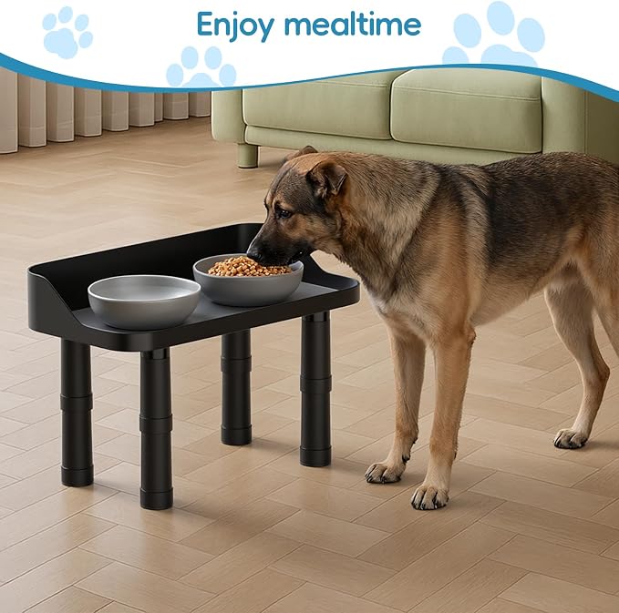 Raised Dog Food Bowl Stand Feeding Station Adjustable 16in Wide | 3 Adjuastable Heights, with Splash Gard, Pet Cat Large Dogs Universal, No Bowl Included