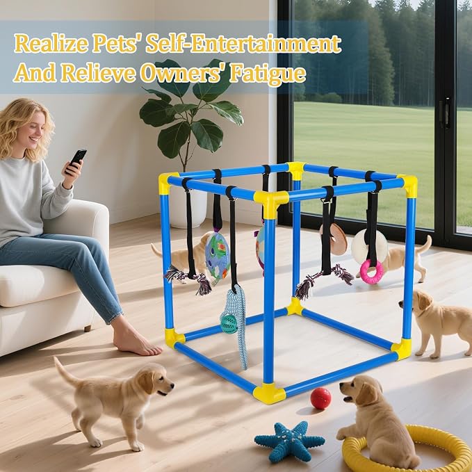 Liitrton Puppy Play Gym for Small Dogs with 8 Hanging Toys, Blue | 19.5"x19.5"x19.5" PVC Frame, Indoor Puppy Jungle Gym with Interactive Puppies Toys