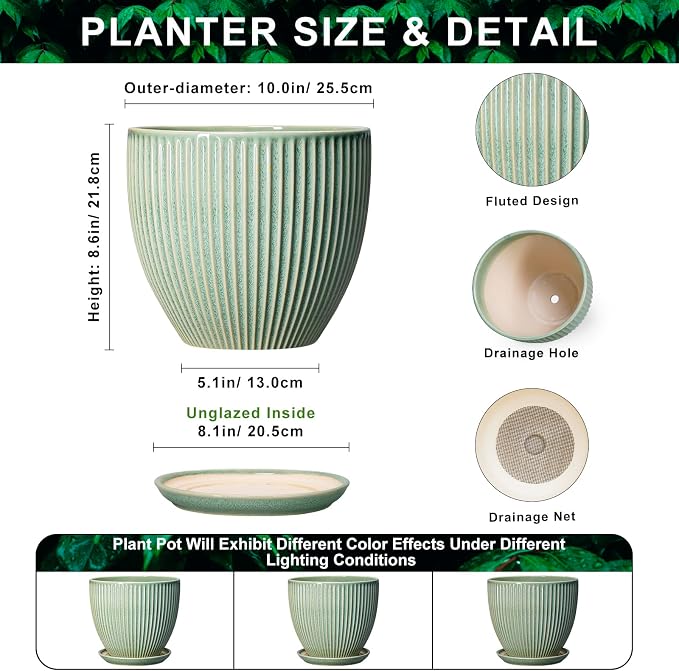 Ceramic Flower Pots, 10 Inch Plant Pot for Indoor Plants, Modern Round Planters with Drainage Hole and Saucer, Decorative Pots for Plants Indoor, Garden Home Decor, Plant Lover Gifts, Green