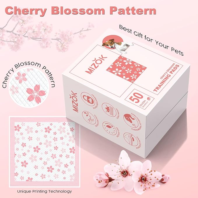 MIZOK Pink Puppy Pads with Adhesive Tabs Wee Wee Pads for Dogs 22x22in 50Ct | Cute Cherry Blossom Designs Feature Pheromone Attractant for Fast Training Small Dog Potty Pads Ideal for Female Puppy Needs