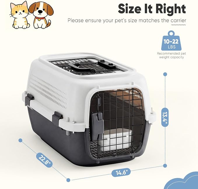 DUMOS 23" Hard-Sided Pet Carrier for Small Dogs & Cats, Airline Approved Travel Crate with Enhanced Security Latches, Front & Top Load Wire Door, Food Bowl for Traveling, Hiking, Camping - White&Black