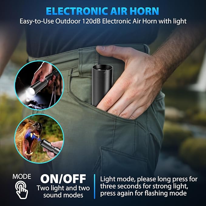 Electronic Bear Air Horn,120dB Rechargeable Whistle with Flashlight for Hiking & Camping, Wildlife Deterrent & Emergency Safety Device, Can Replace Bear Bell