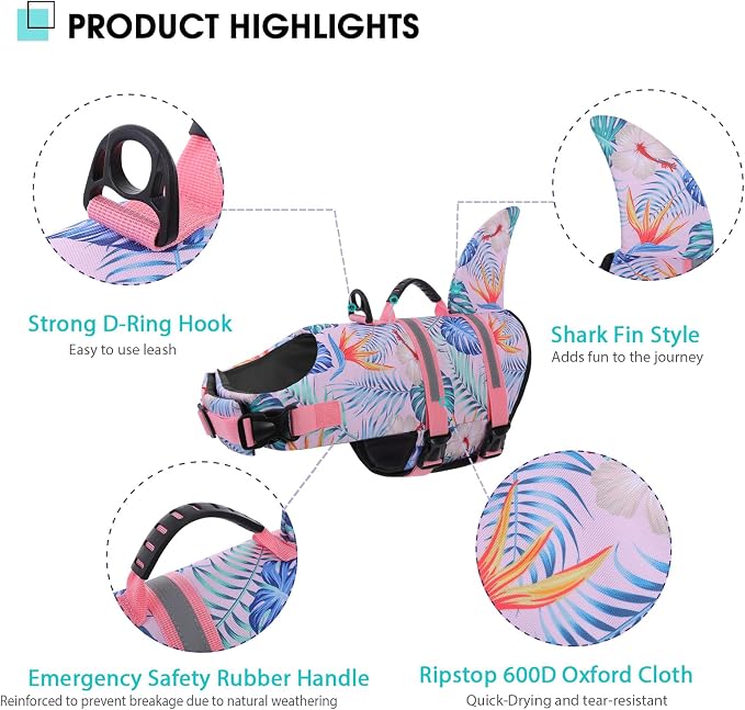 Shark Dog Life Vest for Swimming, Pet Life Vests for Boating, High Buoyant DogLife Jacket, Ripstop High Flotation Swimsui for Small, Medium, Large Dogs (HawaiiPink,S)