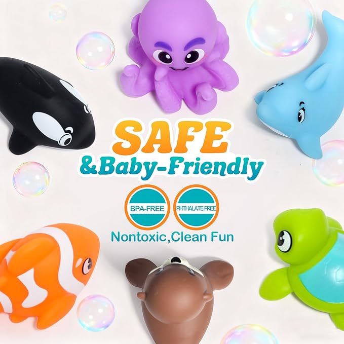 Mold Free Bath Toys - 6 Pcs Ocean Baby Bath Toys for Kids Ages 1-3, No Hole Design Keeps Moisture Out, Toddlers Learn Sea Animals with Bathtub Soft Squeeze Toys, Pool Toy