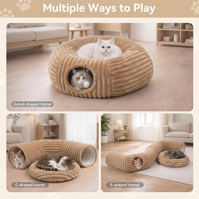 Dogpals Cat Tunnel Bed Cave 33" Lx10 Wx10 H for Indoor Cats(Khaki) | Washable Cozy Cushion, Soft Striped Plush Fabric, Hideaway Peekaboo Cave for Kittens, Puppies, Rabbits & Small Pets
