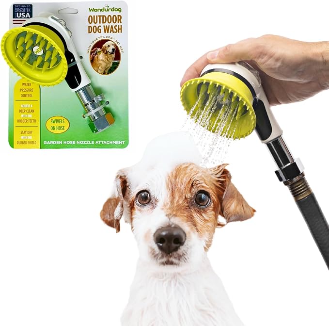 Outdoor Dog Wash Garden Hose Nozzle for Bath and Quick Paw Rinses. Splash Shield Handle and Rubber Grooming Brush. Metal Connection. Swivels on Hose with Water Pressure Control.