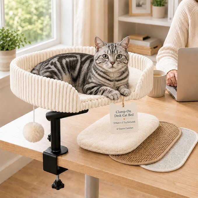 Cat Desk Bed with 3 Mats for All Seasons, 360° Rotating Adjustable | Clamp-On Desk Cat Bed with Reversible Plush Cushion, Sisal Scratch Mat, Cooling Mat & Hanging Ball, Supports 50 lbs, White