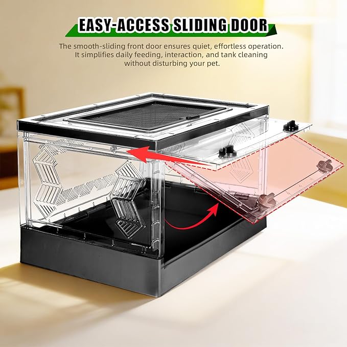 Travel Foldable Reptile Terrarium with Sliding Door Portable Spider Enclosure, Lizard Cage, Plastic Habitat for Tarantula, Tree Frog, Leopard Gecko, Snake, Ventilated Terrarium Starter Kit Black