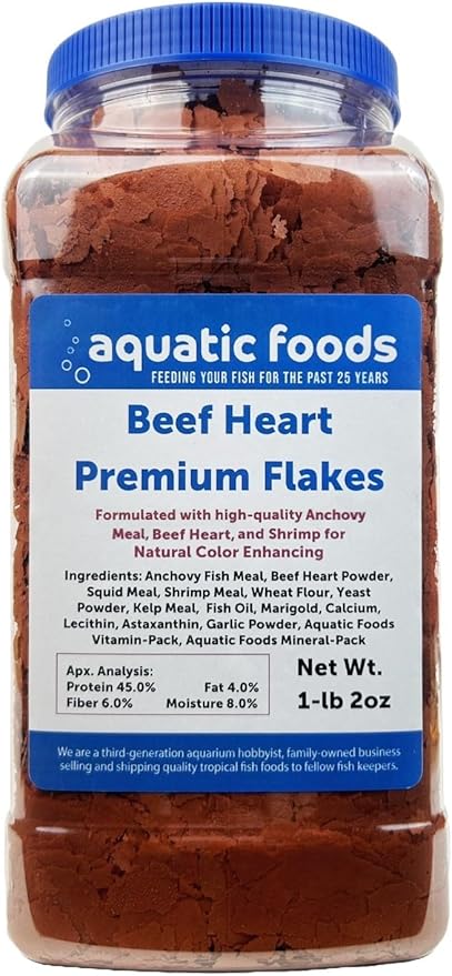 Aquatic Foods Inc. Beef Heart Enhanced Premium Flakes for Discus, Cichlids, All Tropical Fish. Aquatic Foods Premium Flakes…1-lb 2oz Lg Jar