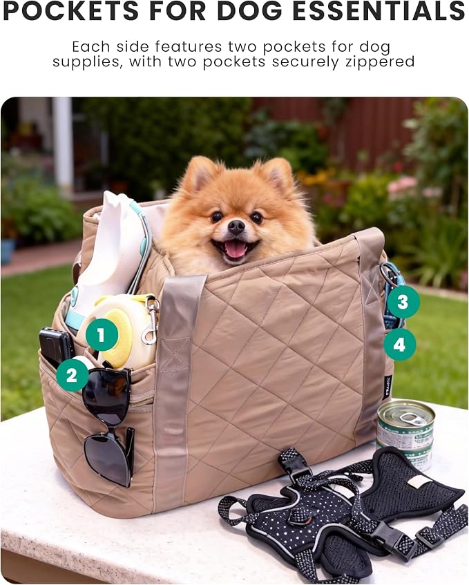 Lightweight Dog Purse Carrier for Small Dogs up to 15 lbs, Dog Tote Bag Puppy Carrier, Soft Plush Interior, Safety Leash Clip, 4 Side Pockets Dog Carrier Bag for Travel & Walking, Camel
