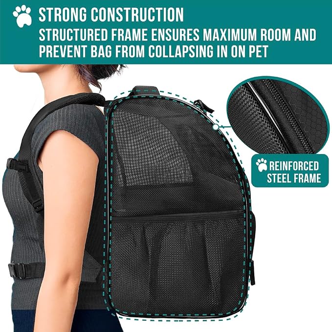 PetAmi Dog Backpack Carrier for Small Medium Dogs Large Cats up to 18 lbs, 2 Side Entry, Structured No-Collapse Frame, Airline Approved Ventilated Pet Backpack for Hiking Camping Travel Vet, Black