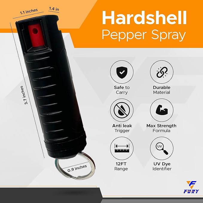 FURY Hardshell Pepper Spray - 12Ft Range, Max Strength, UV Dye Identifier, Anti-Leak & Anti-Misfire, Slidetop Trigger, Belt Clip & Key Ring, Multiple Color Options, Self-Defense Spray