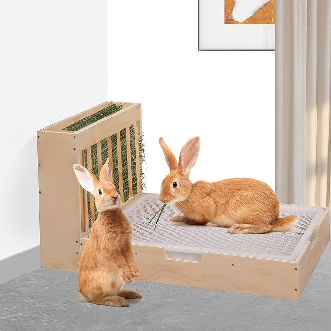 Large 2-in-1 Rabbit Hay Feeder & Litter Box Set, Wood, Mess Proof, for Guinea Pigs, Chinchillas, Hamsters, and Rabbits (XXL)