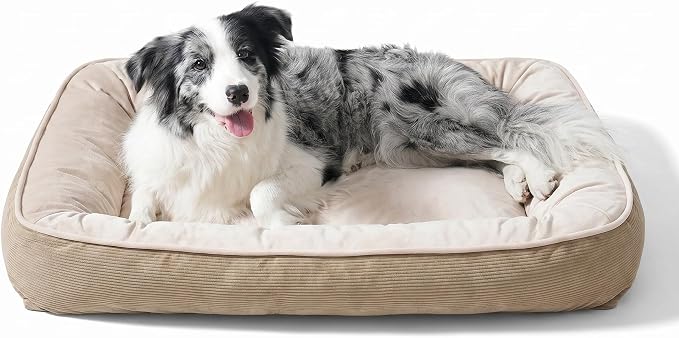 FAIRYPET Deluxe Plush Dog Beds for Medium to Large Dogs, 3D Crimped Siliconized Hollow Fiber Fill，Soft Breathable，Washable Dog Bed, Plush Faux Fur & Corduroy,Durable Pet Bed with Anti-Slip Bottom