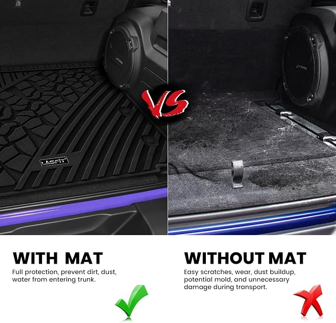 LASFIT Trunk Mat for Jeep Wrangler JL 2018-2025 2026 4 Door Cargo with SUBWOOFER, All Weather TPE Custom Fit Cargo Mat Fit for Flat Load Floor Gas Type, Black (Not for JK/Not PHEV/Not 2-Door)