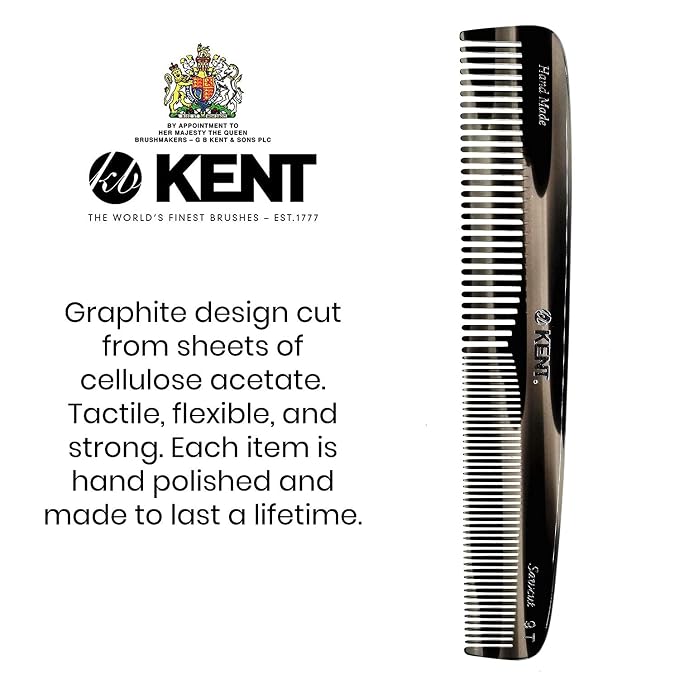 Kent 9T Double Tooth Dressing Table Comb, Tortoise Fine and Wide Tooth Coarse/Fine Dresser Comb for Hair, Beard, Mustache Styling, Grooming - For Men, Women, and Kids, Made in England