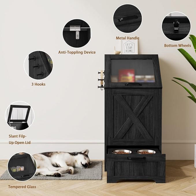 Dog Feeding Station with Storage Cabinet and 2 Elevated Dog Bowls, Hidden Pet Food Storage Organizer for Dog &Cat, Modern Dogs Furniture, Black