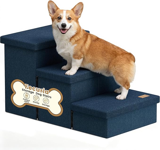 3-Step Wide Dog Stairs with Hidden Storage 18" H, Non-Slip Dog Steps for High Bed Couch Window Car, Jiont-Friendly Pet Stairs Ramp for Small/Medium/Large Old Dogs Cats Up to 220lbs, Navy