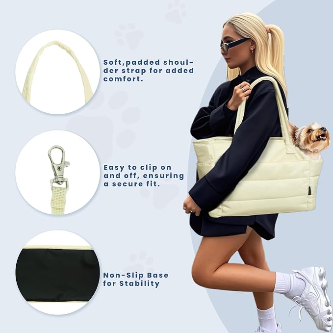Lightweight Puffy Dog Purse Carrier for Small Dogs, Beige | Quilted Pet Carrier Tote with Safety Leash Clip, Storage Pockets and Removable Base, for Pets Up to 15 lbs, Beige