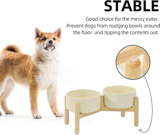 Havniva Elevated Dog Bowls Ceramic Dog Bowls with Stand, Dog Food Bowl | 6.1” Raised Dog Bowls with Non-Slip Wood Stand, Dog Food and Water Bowl Set, Double Dog Feeding Bowls for Small & Medium Dogs
