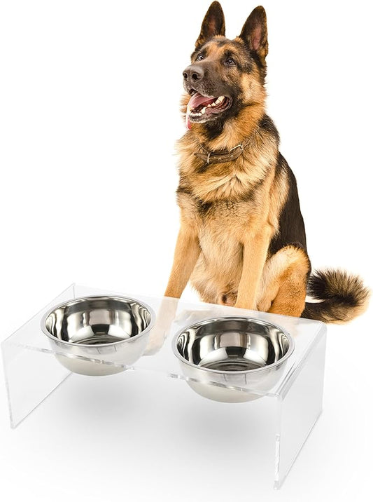 DBL2001A Keaton 7.5" Medium/Large Modern Lucite Rectangular Elevated Pet Feeder with 54oz 2-Stainless Steel Bowls, Clear/Chrome